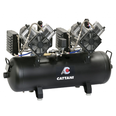 Cattani 100-320 - безмасляный компрессор для 5-ти стоматологических установок, 2 мотора по 2 цилиндра, с 2 осушителями, без кожуха, с ресивером 100 л, 320 л/мин | Cattani (Италия)